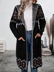 SHEIN LUNE Floral Pattern Long Hooded Cardigan Sweater - Multicolor - View 5