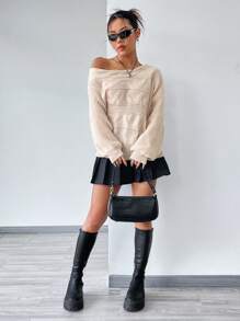 Flirla 女士不对称领休闲针织套头衫秋冬毛衣 - 卡其色 - 查看 5