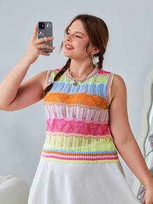 SHEIN EZwear 加大碼女式無袖條紋針織上衣 - 彩色 - 查看 1