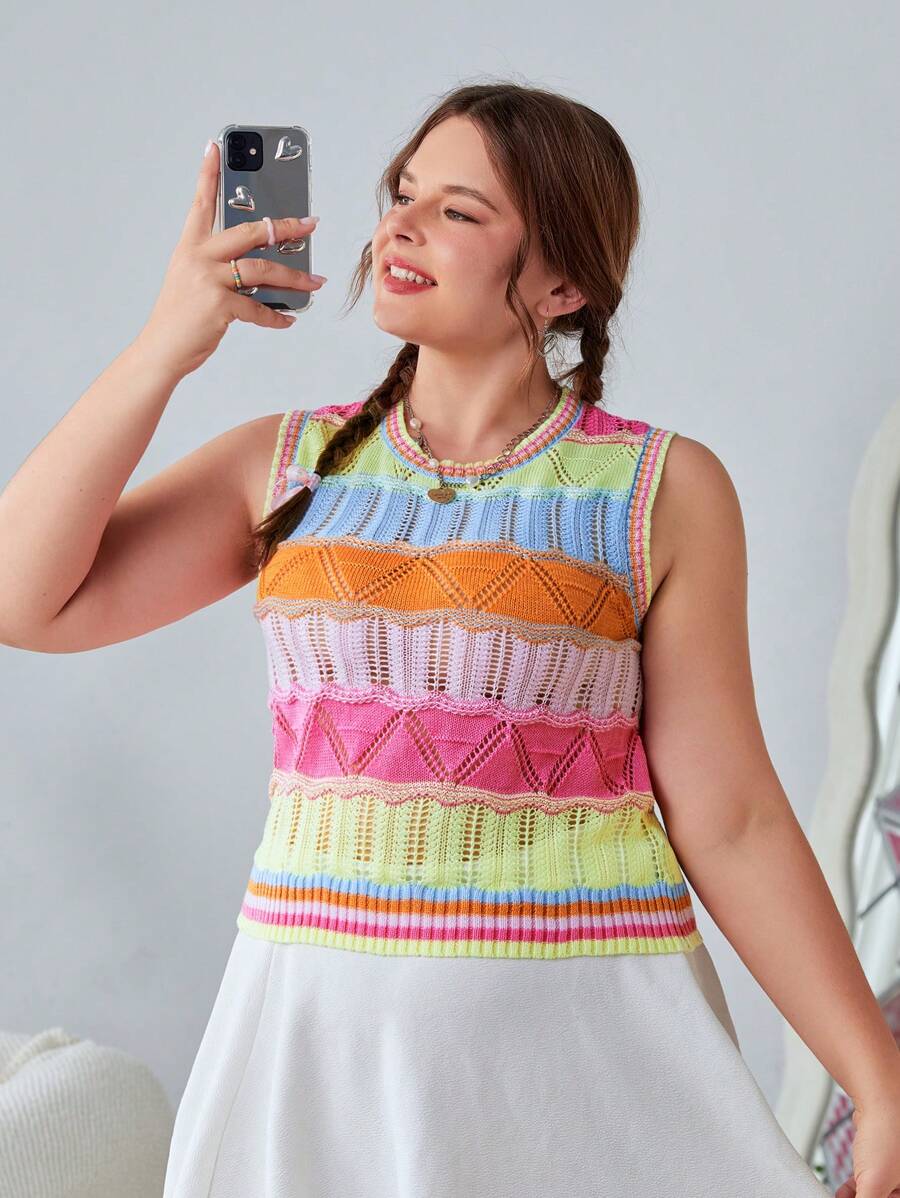 SHEIN EZwear 加大碼女式無袖條紋針織上衣 - 彩色 - 查看 1