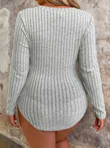 Plus Size Ribbed Knit Long Sleeve Bodysuit With Button Embellishment - Apricot - View 2