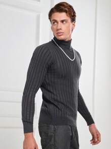 RueChic Men's High Neck Ribbed Knit Sweater - Dark Grey - View 4
