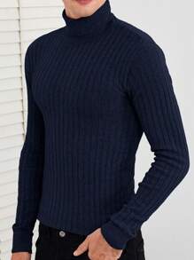 SHEIN Cottnline Men's Solid Color Turtleneck Sweater - Royal Blue - View 7