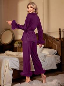 SHEIN Women's Mesh Sleeve & Belted Hem Matching Top And Pants Pajama Set, Fall Winter Clothes - Maroon - View 2