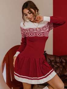 Glamaker 幾何圖案顏色塊針織連衣裙,帶有褶裥下擺 - 紅色 - 查看 1