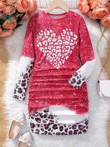 SHEIN Tween Girl Long Sleeve Leopard Print Dress With Heart Shape Decoration - Multicolor - View 1