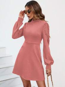 SHEIN Clasi 立領蕾絲插入燈籠袖連衣裙 - 玫紅色 - 查看 6