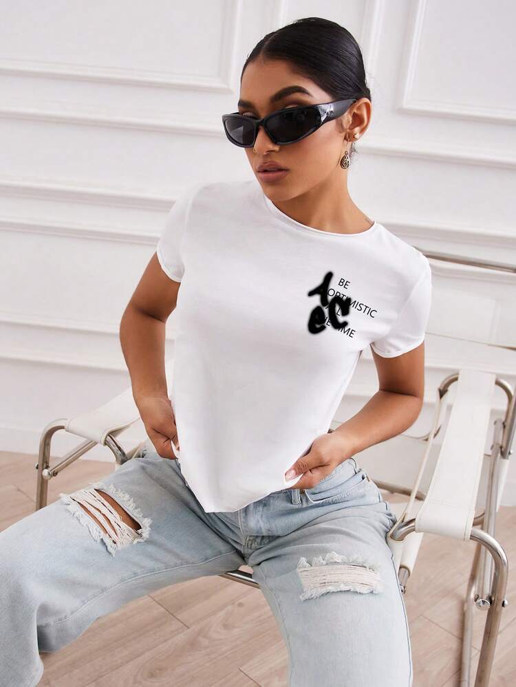 SHEIN EZwear 100% Cotton Slim Fit Casual Short Sleeve T-Shirt With Front & Back Slogan Print - Black - View 3