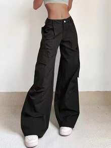 Pantalones cargo con bolsillo con solapa fruncido de pierna ancha - Negro - Ver 4