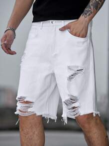 Manfinity EMRG Hombres Shorts mezclilla bermuda algodón desgarro bajo crudo - Blanco - Ver 5