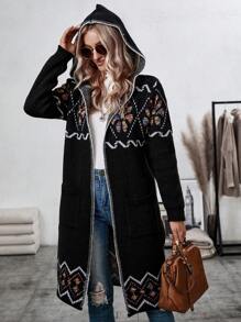 SHEIN LUNE Floral Pattern Long Hooded Cardigan Sweater - Multicolor - View 1