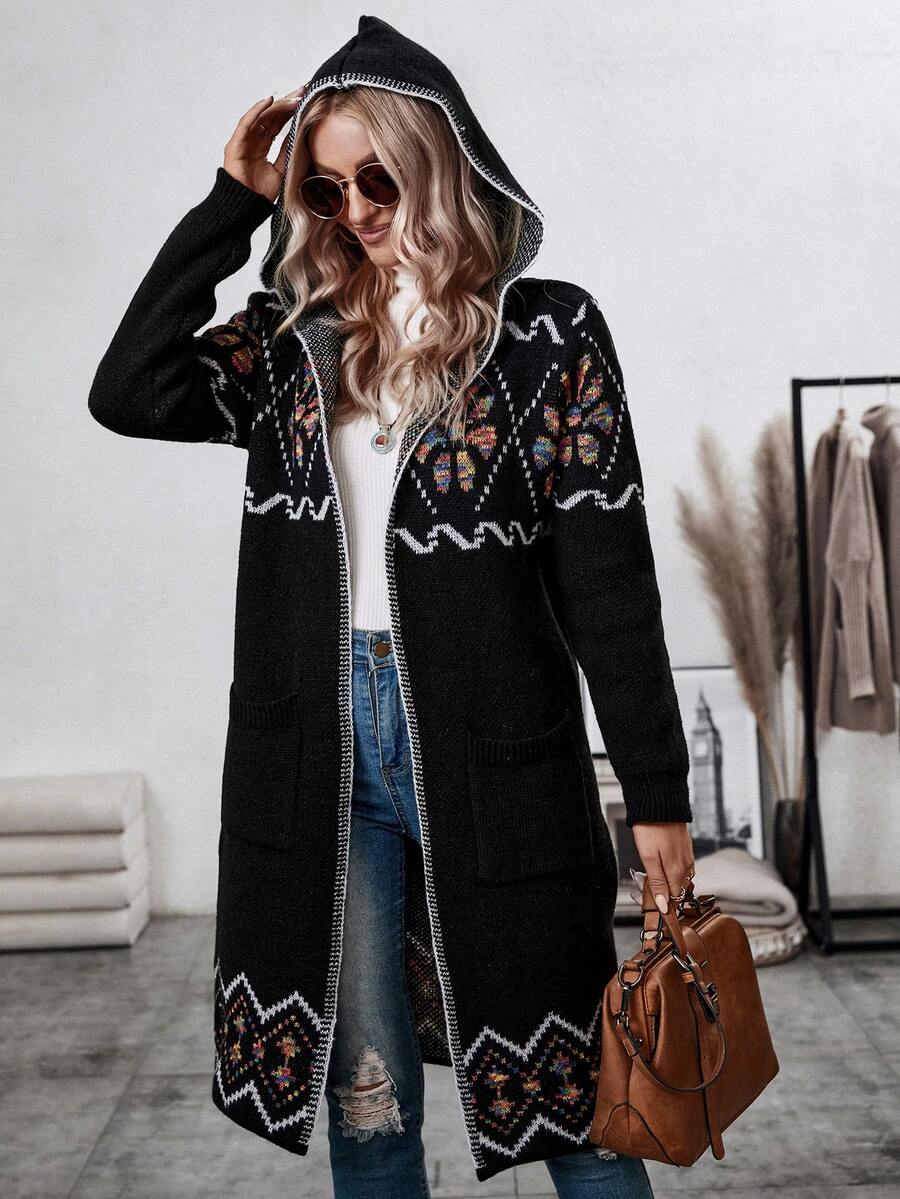 SHEIN LUNE Floral Pattern Long Hooded Cardigan Sweater - Multicolor - View 1