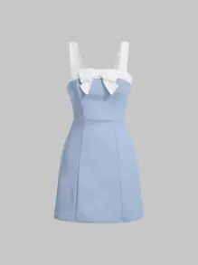 SHEIN MOD Của phụ nữ Khối màu Đầm Với Nơ Đồ trang trí - Màu xanh nhạt - Xem 1