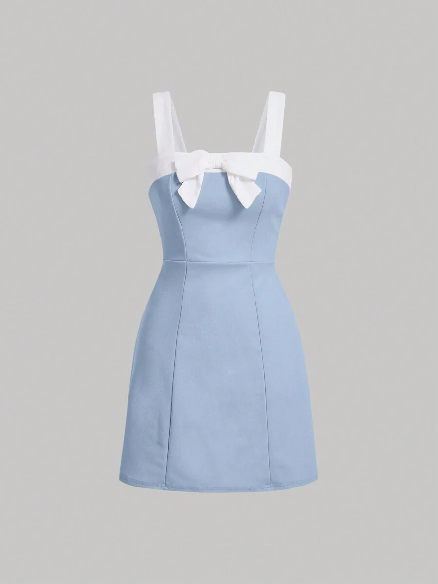 SHEIN MOD Của phụ nữ Khối màu Đầm Với Nơ Đồ trang trí - Màu xanh nhạt - Xem 1