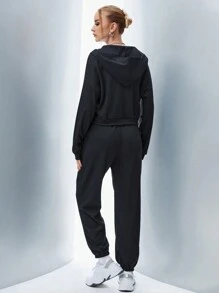 SHEIN Unity Women's Monogrammed Waffle Placket Hooded Sweatshirt And Sweatpants Set - Black - View 2