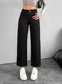 EURMUSE Solid Color Straight Denim Trousers - Black - View 1