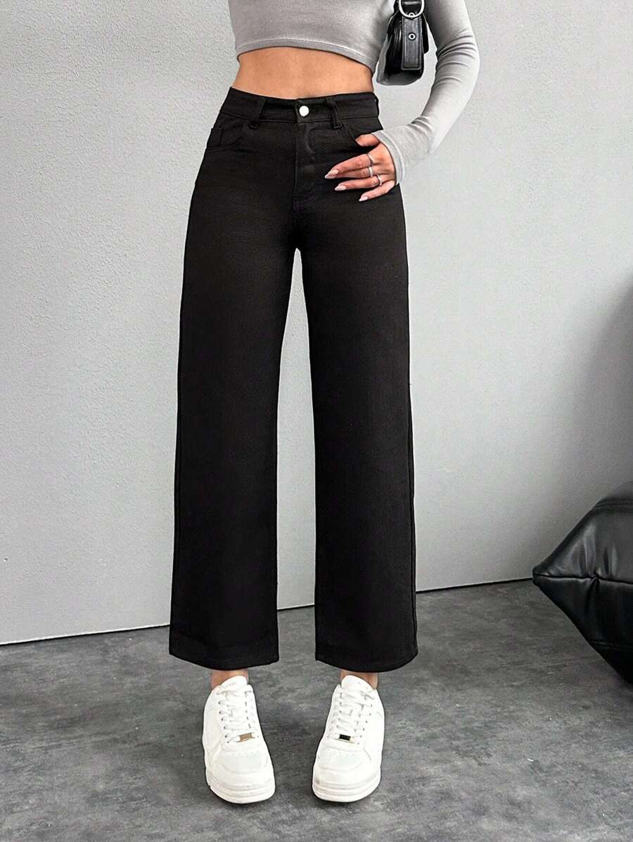 EURMUSE Solid Color Straight Denim Trousers - Black - View 1
