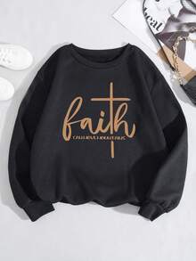 SHEIN EZwear 字母印花保暖襯裡衛衣 - 黑色 - 查看 6