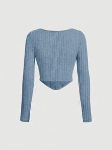 SHEIN MOD 女款純色肋編針織t卹 - 藍色 - 查看 2