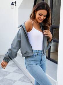 SHEIN Essnce 女性純色拉鍊夾克 - 灰色 - 查看 6