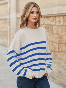 EURMUSE 條紋垂墜肩毛衣 - 水鴨藍 - 查看 7