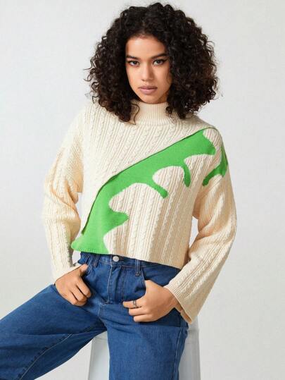 Bowen Tang 设计师女士撞色立领落肩毛衣套头衫，适合假期、度假、节日、伊比沙岛