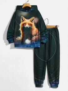 SHEIN 男童休閒動物印花寬鬆連帽衫與針織褲套裝,青少年 - 黑色 - 查看 1