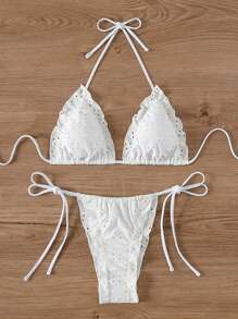 SHEIN Swim 夏季钩针编织孔眼刺绣和荷叶边装饰比基尼套装婚礼