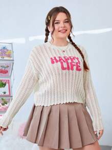 SHEIN EZwear Sweatshirt-pullover In Übergröße Mit Buchstabenmuster, Fallenden Schultern Und Hohlem Design - Beige - Übersicht 1