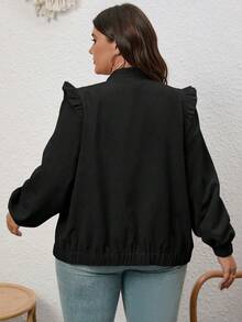SHEIN LUNE Plus Size Solid Color Ruffle Trim Decorated Jacket - Black - View 2