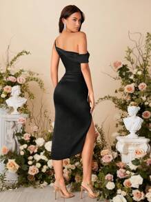 SHEIN Belle Asymmetrical Neckline Twist Front High Leg Slit Dress For Women - Black - View 2