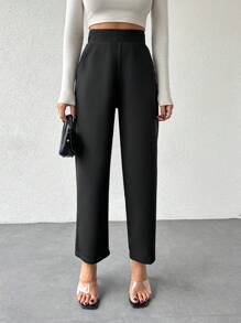 SHEIN Cottnline Solid Slant Pocket Pants - Black - View 1