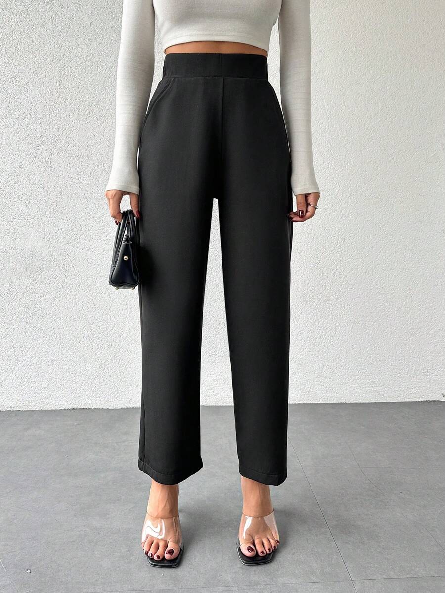 SHEIN Cottnline Solid Slant Pocket Pants - Black - View 1