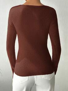 EURMUSE Màu thuần Vòng cổ Tay áo dài Áo len - màu nâu - Xem 2