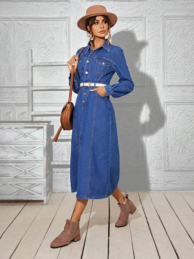Women'S Long Sleeve Denim Shirt Dress
