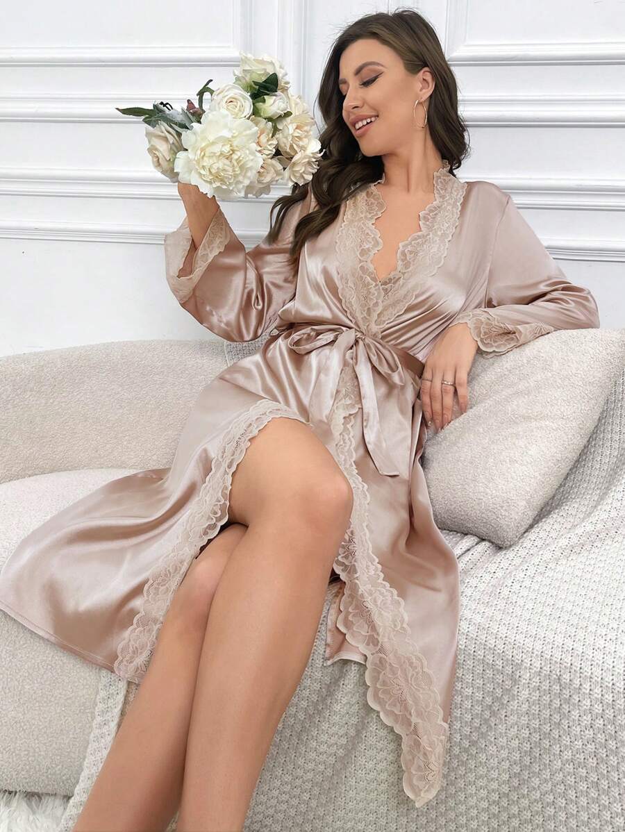 撞色蕾丝腰带缎面睡袍，奢华休闲服饰，秋冬款 - 香檳色 - 查看 1