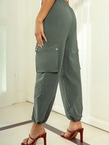 Astylish Solid Elastic Waist Ankle Drawstring Pocket Cargo Pants - Green - View 2