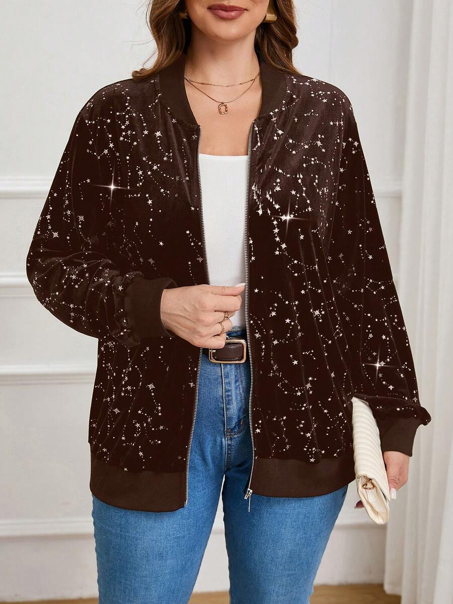 SHEIN Essnce Plus Size Velvet Zipper Jacket With Starry Sky Pattern