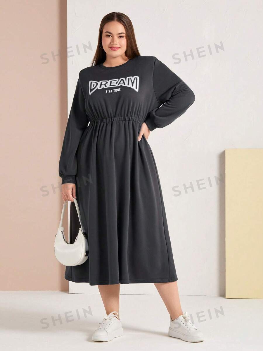 SHEIN Mulvari Plus Size Women'S Letter Print Waist Dress SHEIN EUR