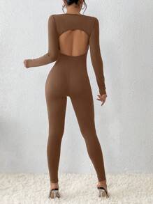 SHEIN PETITE Enterizo De Manga Larga Y Ajustado De Un Solo Color - Café integral - Ver 2