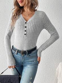 SHEIN Frenchy Women's Solid Color Ribbed Knit T-Shirt - Light Grey - View 5