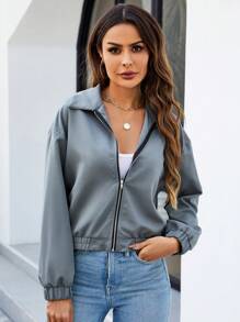 SHEIN Essnce 女性純色拉鍊夾克 - 灰色 - 查看 4