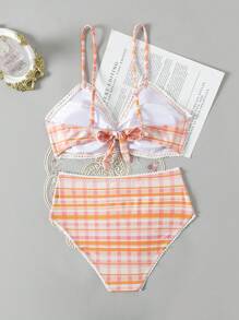 SHEIN Swim Ladies' Plaid Bikini Set Summer Beach - Orange - View 2