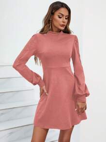 SHEIN Clasi 立領蕾絲插入燈籠袖連衣裙 - 玫紅色 - 查看 3