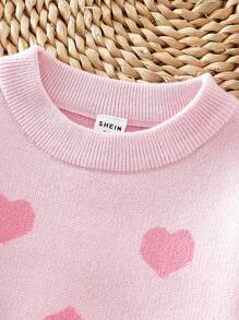 Baby Girls' Heart Round Neck Loose Fit Sweater For Autumn And Winter - Pink - View 4