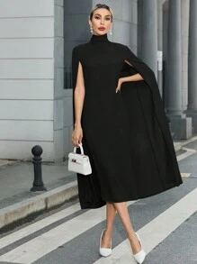 SHEIN Privé Màu thuần Lưới Thanh lịch Vòng cổ Đầm Không có Dây thắt lưng - màu đen - Xem 3