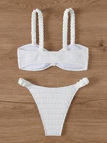 SHEIN Swim 純色紋理比基尼套裝婚禮 - 白色 - 查看 8