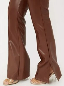 EURMUSE Women's Tight-Fit PU Leather Flared Pants With Slit - Brown - View 6