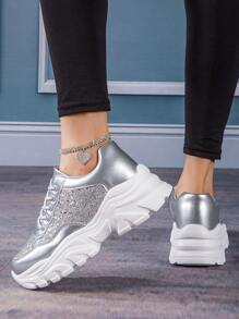 Của phụ nữ Màu bạc Lung linh Điền kinh Giày dép Đúng mốt Thoải mái Đế dày Không trượt Giải trí Giày thể thao - Bạc - Xem 3