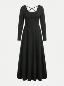 SHEIN 少女款針織純色大圓領後交叉空心連衣裙 - 黑色 - 查看 2